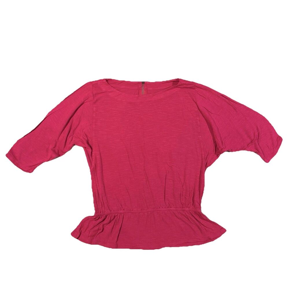 Vintage Ann Taylor LOFT Small Bright Pink Short Sleeve Tunic Ruffle Zipper Shirt